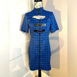 ELFSACK Elf Sack Blue Plaid Short Sleeve Front Zip Up Buckles Keyhole Dress Sz S